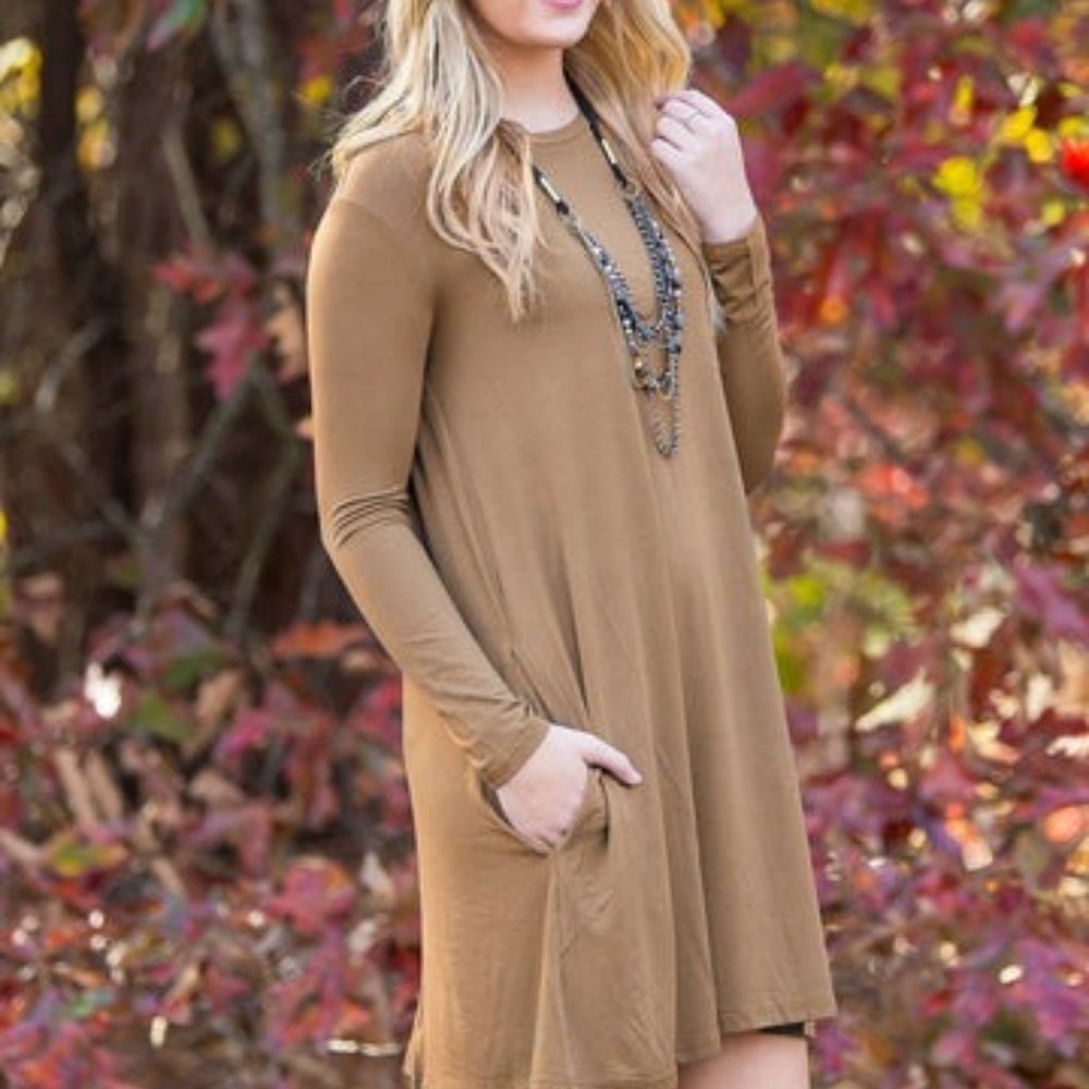 Piko Long Sleeve A Line Loose Fit Swing Dress Mocha Sz S NWT